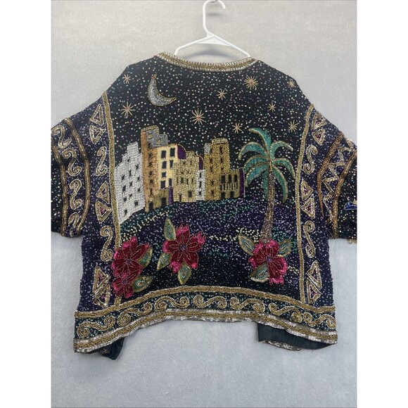 Sequin Arabian Desert Night Scene Black Beaded Jacket Silk Size L Vintage 80s - Picture 1 of 16